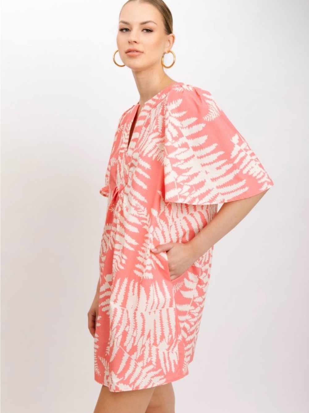 Flora Bea NYC Stefanie Coral Pink Fern Print Cotton Dress Medium